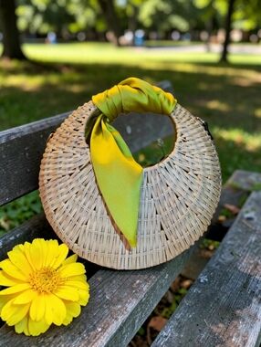 Round Woven Straw Handbag with Yellow-Green Scarf Trim by Scoop  NWT